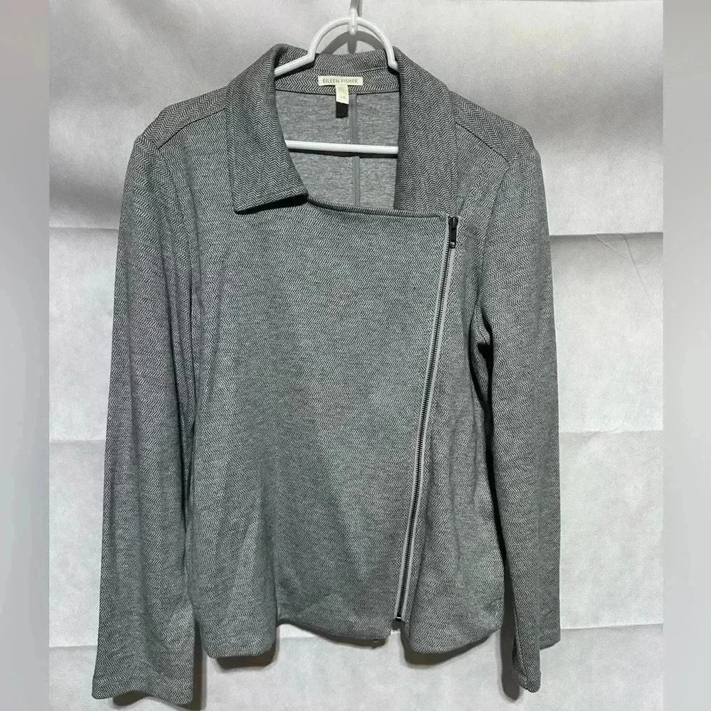 Eileen Fisher Moto Jacket Sz L 100% Organic Cotton Asymmetrical Zip Herringbone